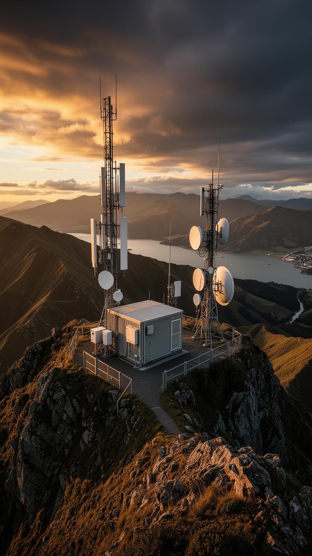 New Zealand mountaintop critical communications site at golden hour
